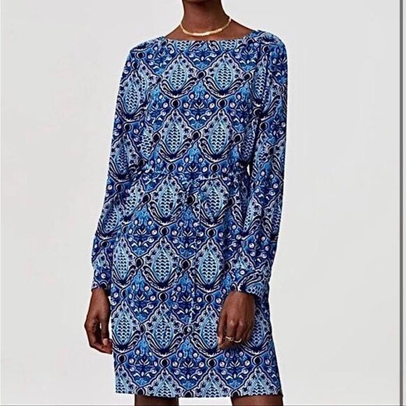 LOFT electric sapphire long sleeve baroque shift dress size XS - Picture 1 of 11